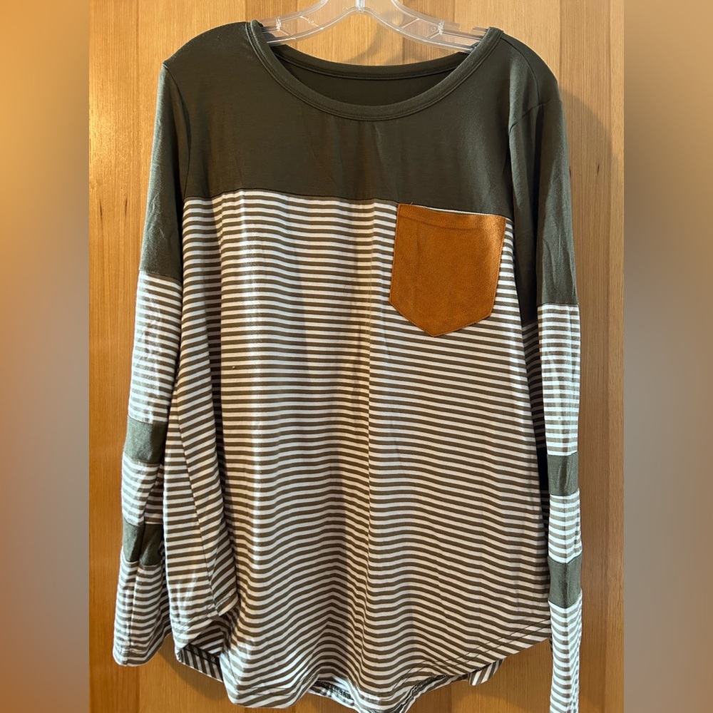 Olive Green and White Long Sleeve Top.